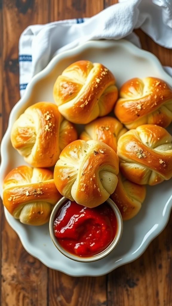 Golden brown garlic knots with a side of marinara sauce on a rustic wooden table.